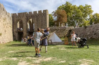 a group of people standing in front of a castle at Tout confort ! Ville, Climatisation, Parking, Wifi, Calme, TV in Carcassonne