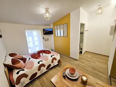 a small bedroom with a bed and a table at Tout confort ! Centre-ville, Climatisation, Parking, Wifi, Calme, TV in Carcassonne