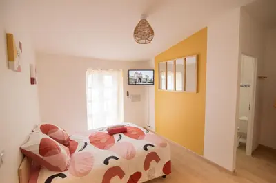 a bedroom with a bed with a flowered comforter at Tout confort ! Centre-ville, Climatisation, Parking, Wifi, Calme, TV in Carcassonne