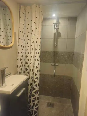 a bathroom with a shower and a sink at Logement avec extérieur in Narbonne