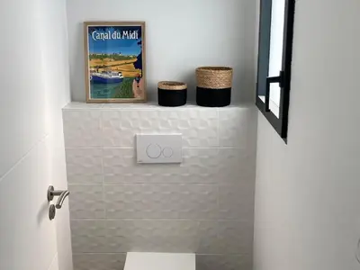 a bathroom with a toilet with a picture on a shelf at Stylish Villa in Sainte-Valière in Sainte-Vallière