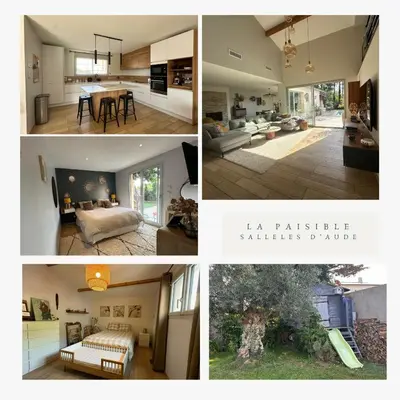 a collage of pictures of a kitchen and a living room at Maison paisible toute équipée, piscine chauffée in Sallèles-dʼAude