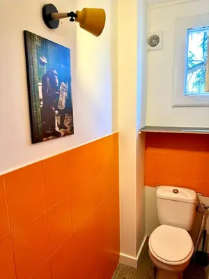 an orange bathroom with a toilet and a picture on the wall at Evasion dépaysante Canal du Midi La vie en couleur in Castelnaudary
