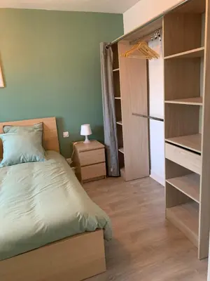 a bedroom with a bed and a closet at Maison proche de la Cité avec jardin in Carcassonne