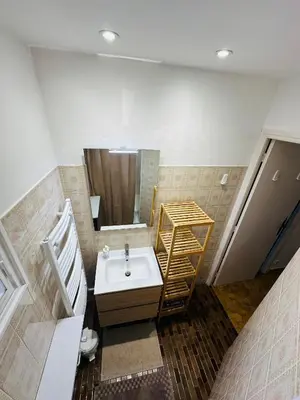 a bathroom with a sink and a mirror at Maison proche de la Cité avec jardin in Carcassonne
