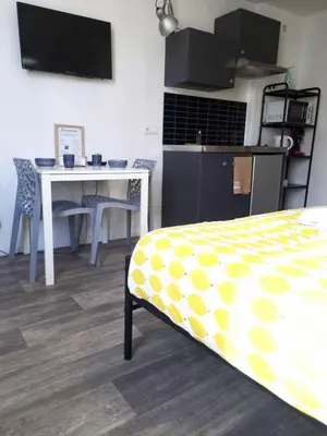 a room with a kitchen and a table with a bed at Cosy Hypercentre Netflix in Narbonne