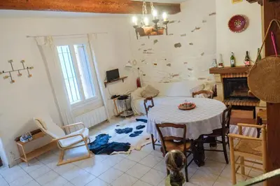 a living room with a table and a fireplace at Charmante Maison de Village dans les fenouilledes in Cassagnes
