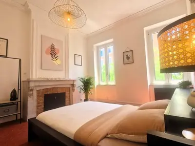 a bedroom with a large bed and a fireplace at Appartement Centre Ville Les Halles - Grands Buffets in Narbonne