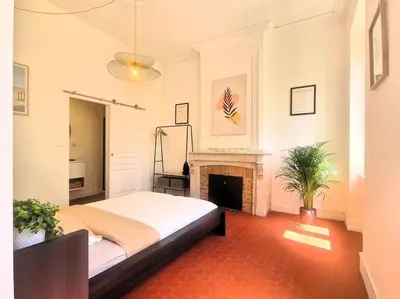 a bedroom with a bed and a fireplace at Appartement Centre Ville Les Halles - Grands Buffets in Narbonne