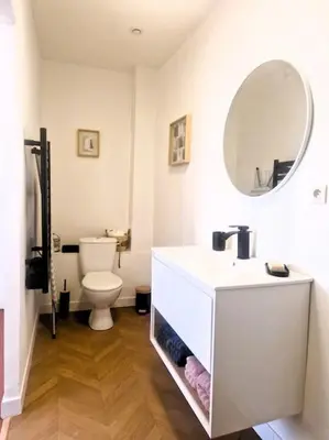 a bathroom with a sink and a toilet and a mirror at Appartement Centre Ville Les Halles - Grands Buffets in Narbonne