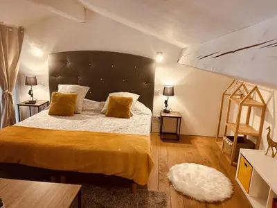 a bedroom with a large bed with a large headboard at LE PAOLO Appartement Deluxe in Narbonne