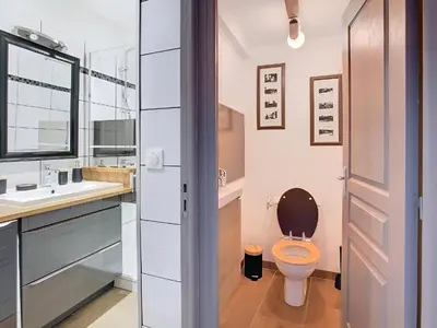 a bathroom with a toilet and a sink at Vue imprenable cité Carcassonne - 4 personnes in Carcassonne