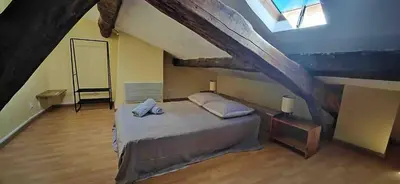 a bedroom with a bed and a skylight at Maison Puylaurentaise in Puylaurens