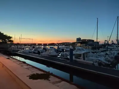 a group of boats docked in a marina at sunset at Les flamants roses in Port-la-Nouvelle