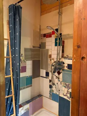 a bathroom with a shower and a tile wall at Le Jardin in Rennes-les-Bains