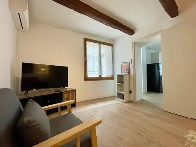 a living room with a couch and a flat screen tv at La Tour de Guet in Carcassonne