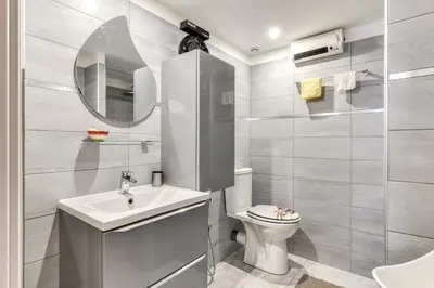 a bathroom with a toilet and a sink and a mirror at Le Chardonneret Élégant - Maison pour 4 climatisée in La Livinière