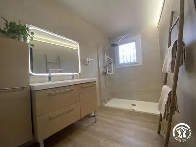 a bathroom with a sink and a shower and a mirror at Grenache rdc in Fosse