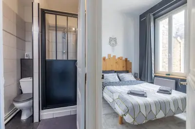 a bedroom with a bed and a bathroom with a toilet at Le 107 CARCA ! in Carcassonne