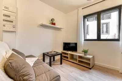 a living room with a couch and a tv at Le Logis de Joseph au pied de la Cité Médiévale in Carcassonne