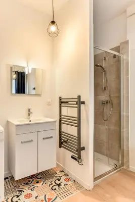 a bathroom with a shower and a sink and a mirror at Le Logis de Joseph au pied de la Cité Médiévale in Carcassonne