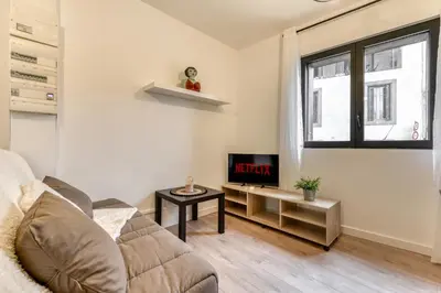 a living room with a couch and a tv at Le Logis de Joseph au pied de la Cité Médiévale in Carcassonne