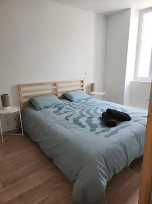 a large bed with a blue comforter in a bedroom at Le Maillot IV in Castres