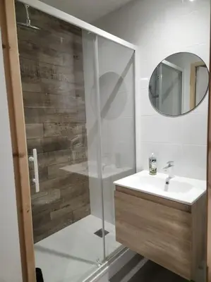 a bathroom with a shower and a sink and a mirror at Le Maillot IV in Castres