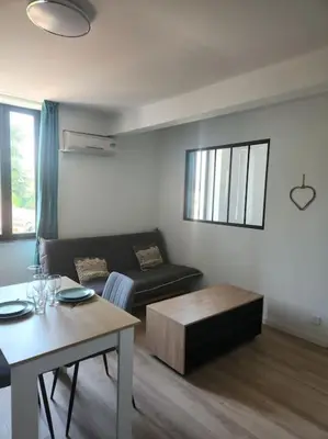 a living room with a couch and a table at Le Maillot V in Castres
