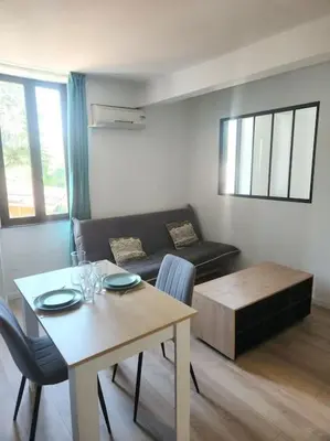 a living room with a table and a couch at Le Maillot V in Castres