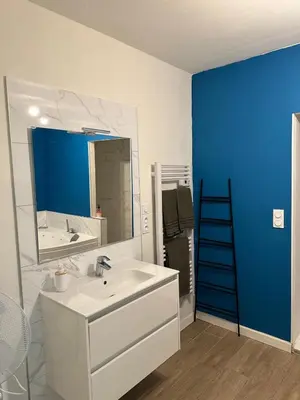 a bathroom with a white sink and a blue wall at Bulles de bonheur - Carcassonne in Carcassonne