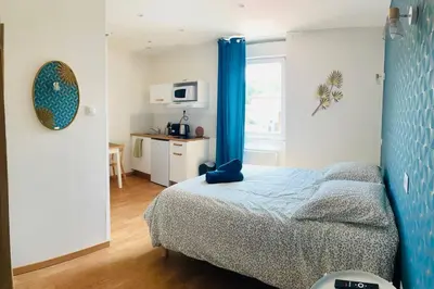 a small bedroom with a bed and a kitchen at Studio Charles De Gaulle IV in Castres