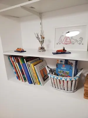 a shelf with books and a basket of books at Charmante Petite Maison Audoise in Trausse