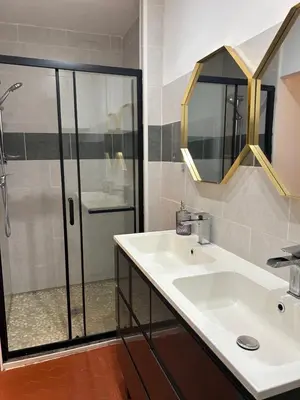 a bathroom with a sink and a shower at T2 climatisé - Près des plages in Narbonne