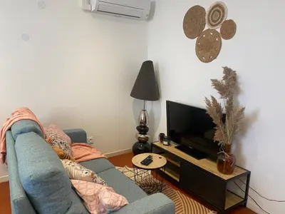 a living room with a blue couch and a tv at T2 climatisé - Près des plages in Narbonne