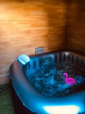 a bath tub with a pink swan in it at Grand T2 climatisé avec jardin et spa in Narbonne