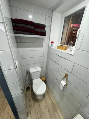 a bathroom with a toilet and a window and towels at Charmante maison de village in Bram