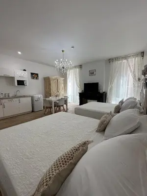 a large bedroom with two beds and a kitchen at Studio familial du Cloitre in Narbonne