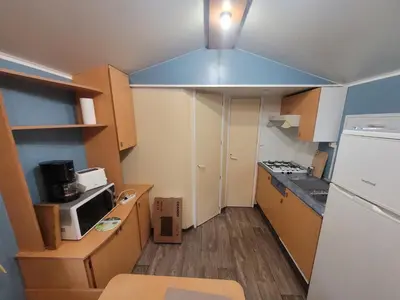 a small kitchen with a microwave and a refrigerator at Camping du Bois Fleuri in Fontiers-Cabardès