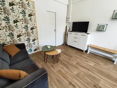 a living room with a couch and a tv at Gîte Le Sallèles in Sallèles-dʼAude