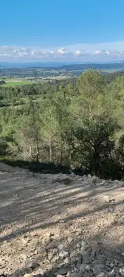 a view of a field with trees and a dirt road at Entre canal et garrigue in Roubia