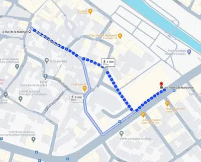 a map of asterdamsterdamsterdamsterdam itinerary map with stops at Le Saint Just T2 proche des Halles Wifi in Narbonne