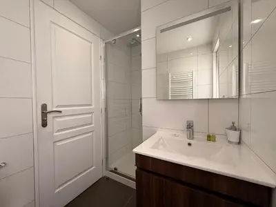 a white bathroom with a sink and a shower at Le Saint Just T2 proche des Halles Wifi in Narbonne