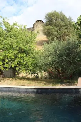 a castle sitting on top of a hill with a swimming pool at L'Echauguette, villa de luxe avec piscine au pied de la Cité in Carcassonne