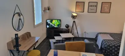 a living room with a couch and a tv at Jardin des oiseaux in Narbonne