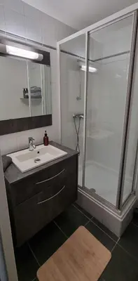 a bathroom with a sink and a shower at Jardin des oiseaux in Narbonne
