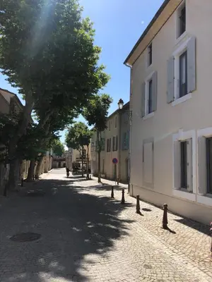 an empty street with a tree and a building at Maison Corbieres in Peyriac-de-Mer