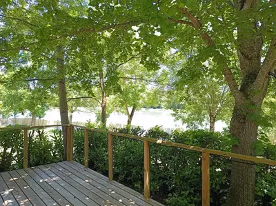 a wooden deck with a tree and a fence at Camping du lac Fontclaire in Puivert