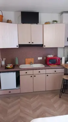 a kitchen with a sink and a red microwave at Studio Valliere les halles 15m2 avec clim in Narbonne