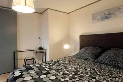 a bedroom with a black and white bed and a lamp at Résidence Armagnac - City Center in Carcassonne